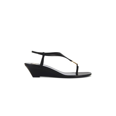 YSL BLACK CASSANDRA LEATHER WEDGE SANDAL 